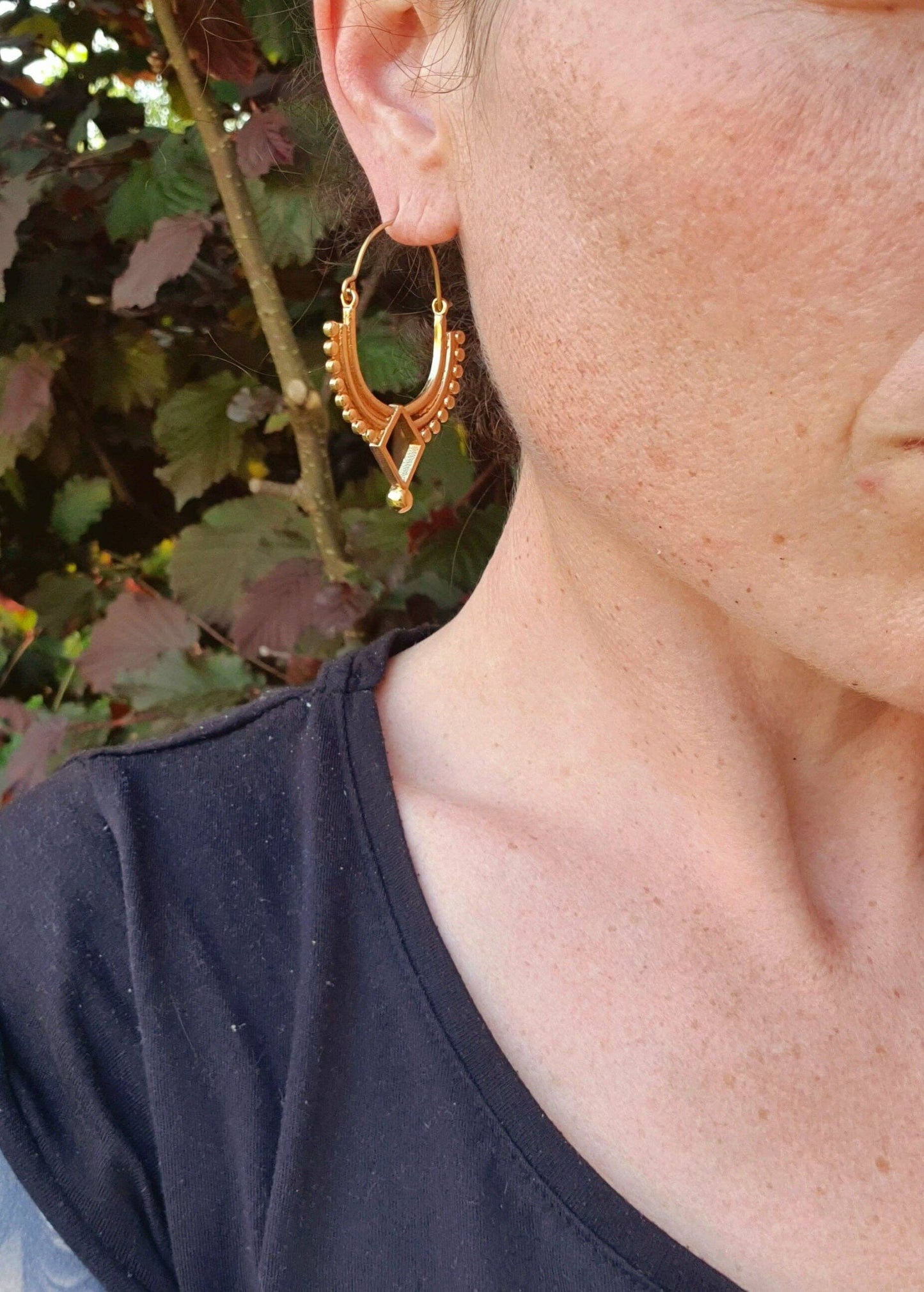 Golden Afghani Hoop Earrings; Ethnic, Geometric,  Small, Rustic, Yoga, Hippie, Gypsy, Pretty, Ssy, Boho, Bohemian, Festival