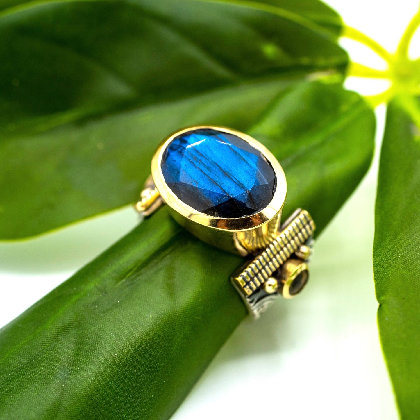 Sterling Silver Labradorite Cocktail Ring with Brass Accents: 8