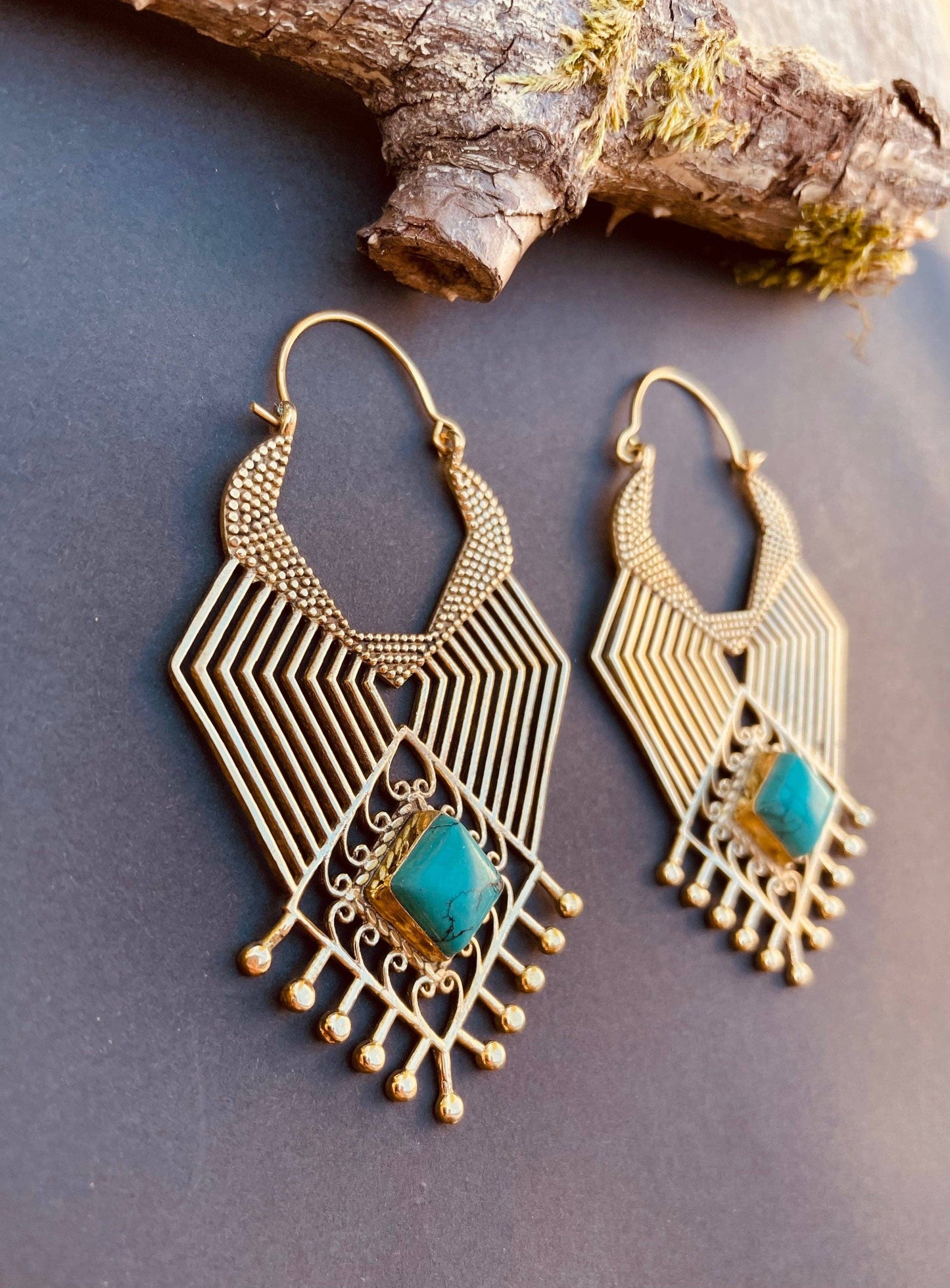Ethnic Inca Turquoise Brass Earrings