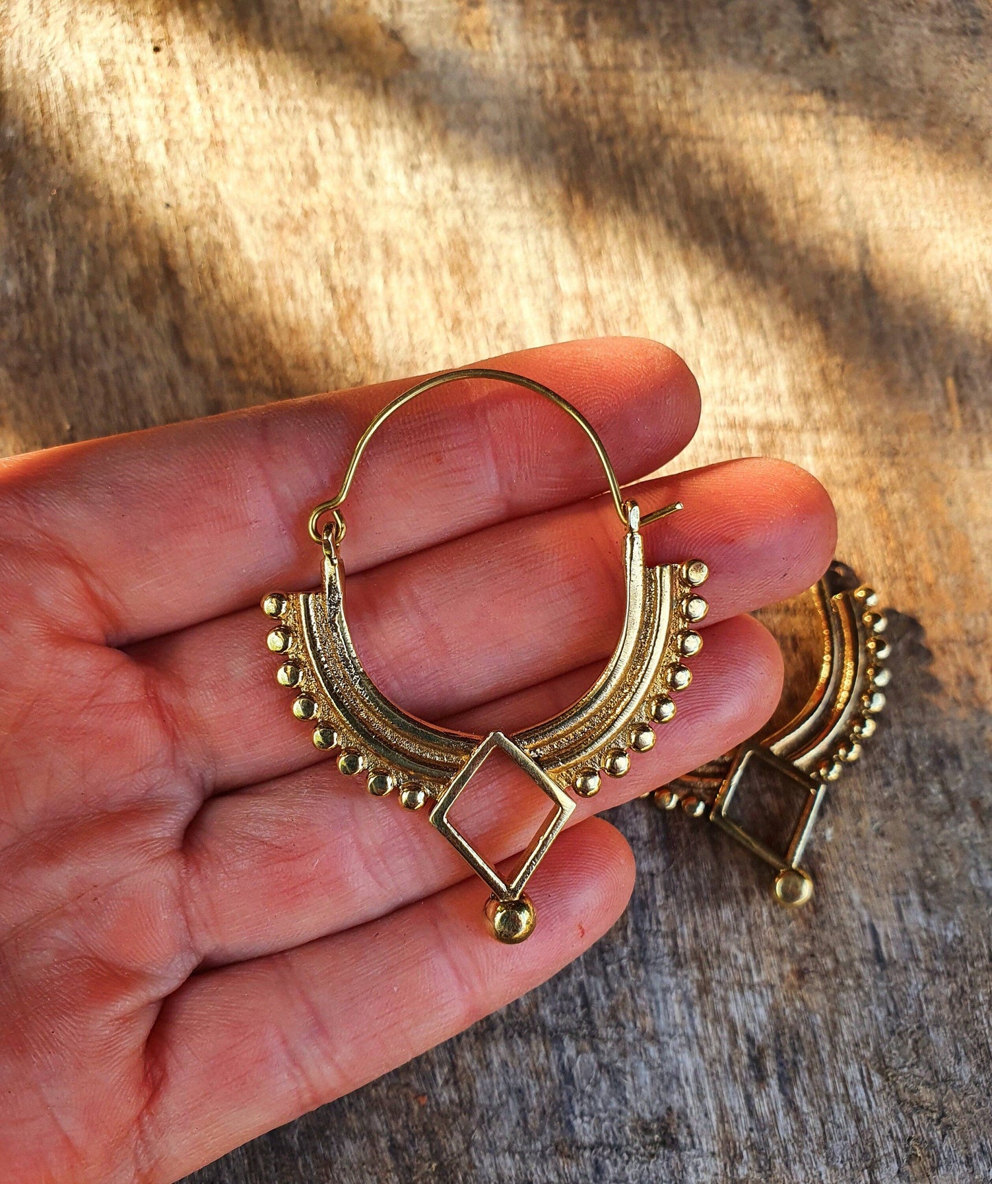 Golden Afghani Hoop Earrings; Ethnic, Geometric,  Small, Rustic, Yoga, Hippie, Gypsy, Pretty, Ssy, Boho, Bohemian, Festival