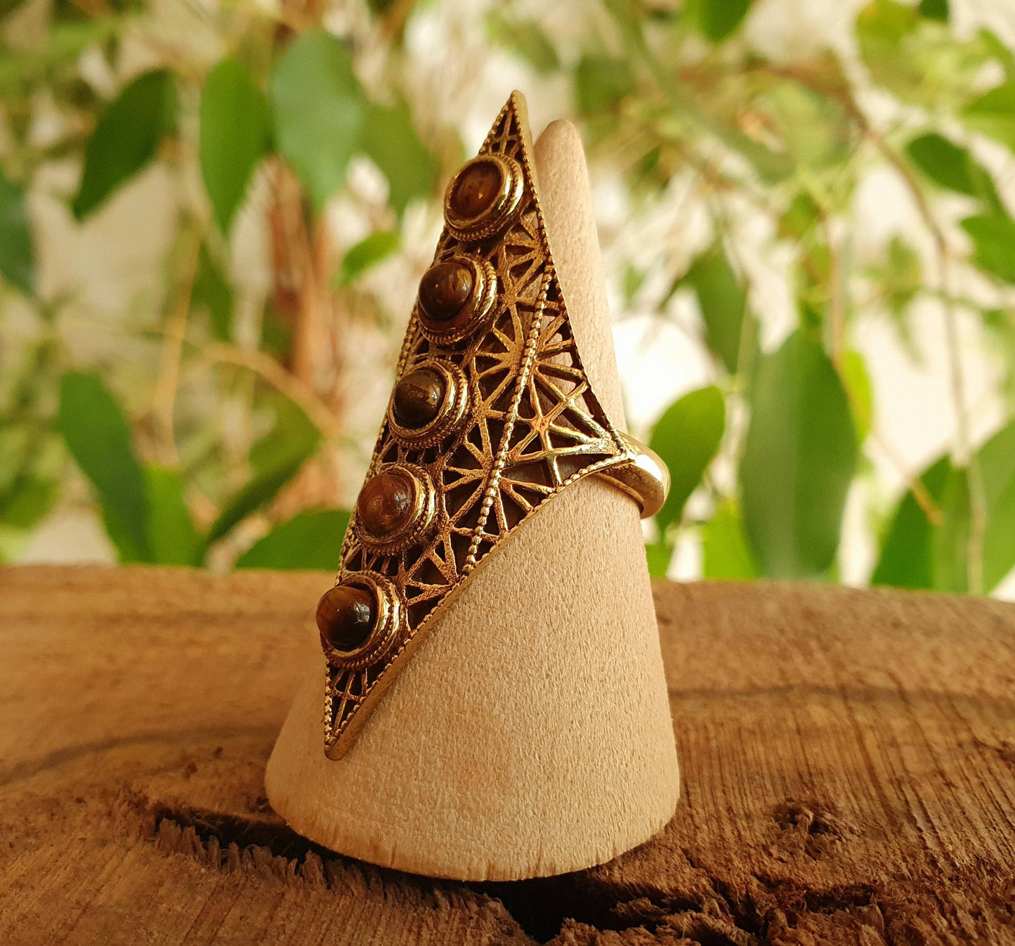 Brass Tiger Eye Geometric Diamond Shape Ring
