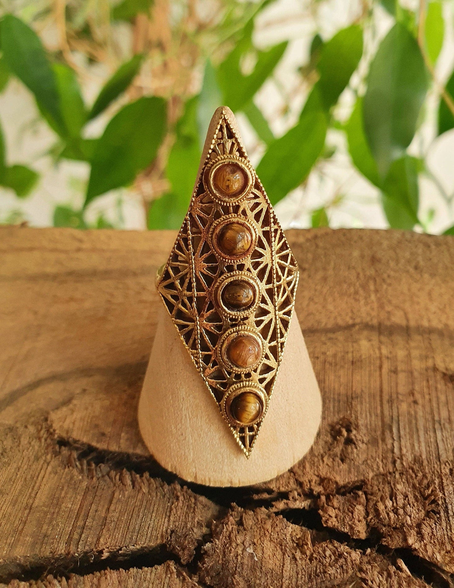 Brass Tiger Eye Geometric Diamond Shape Ring