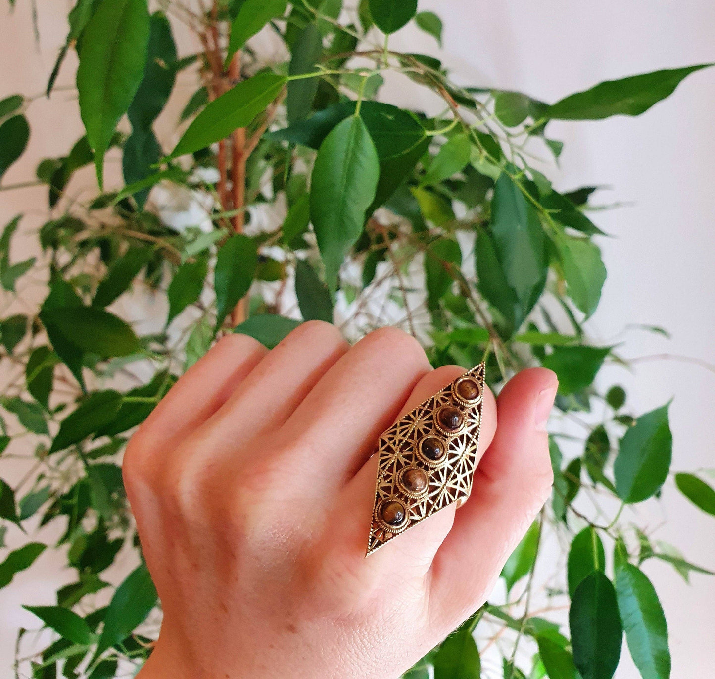 Brass Tiger Eye Geometric Diamond Shape Ring