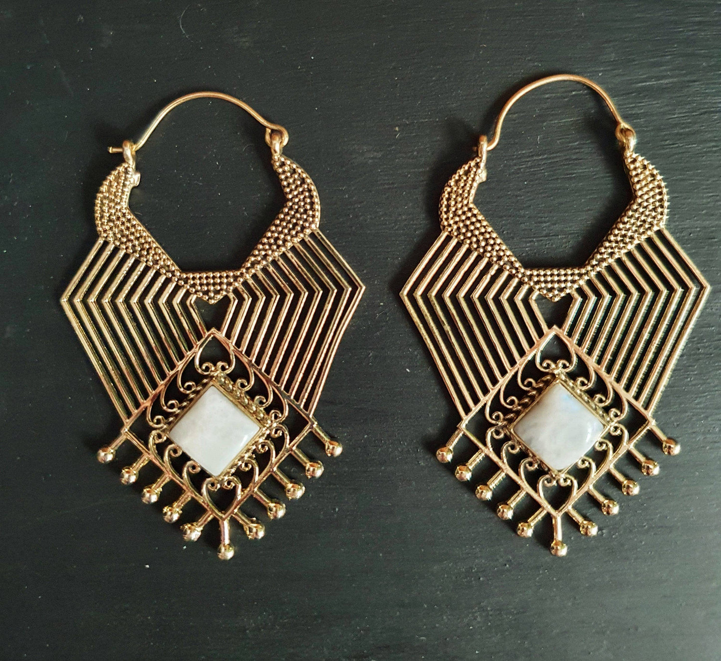Ethnic Geometric Moonstone Brass Earrings