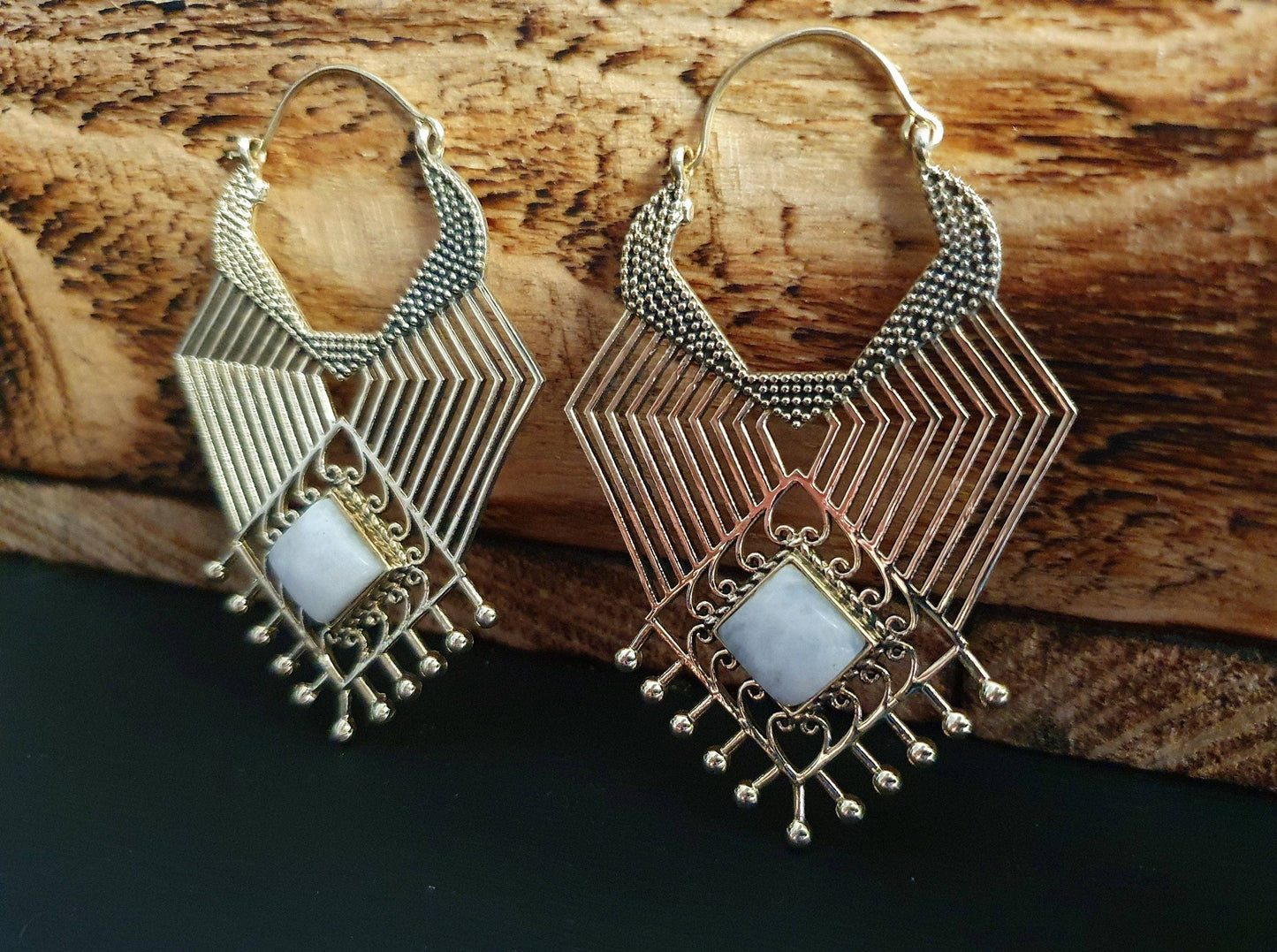 Ethnic Geometric Moonstone Brass Earrings