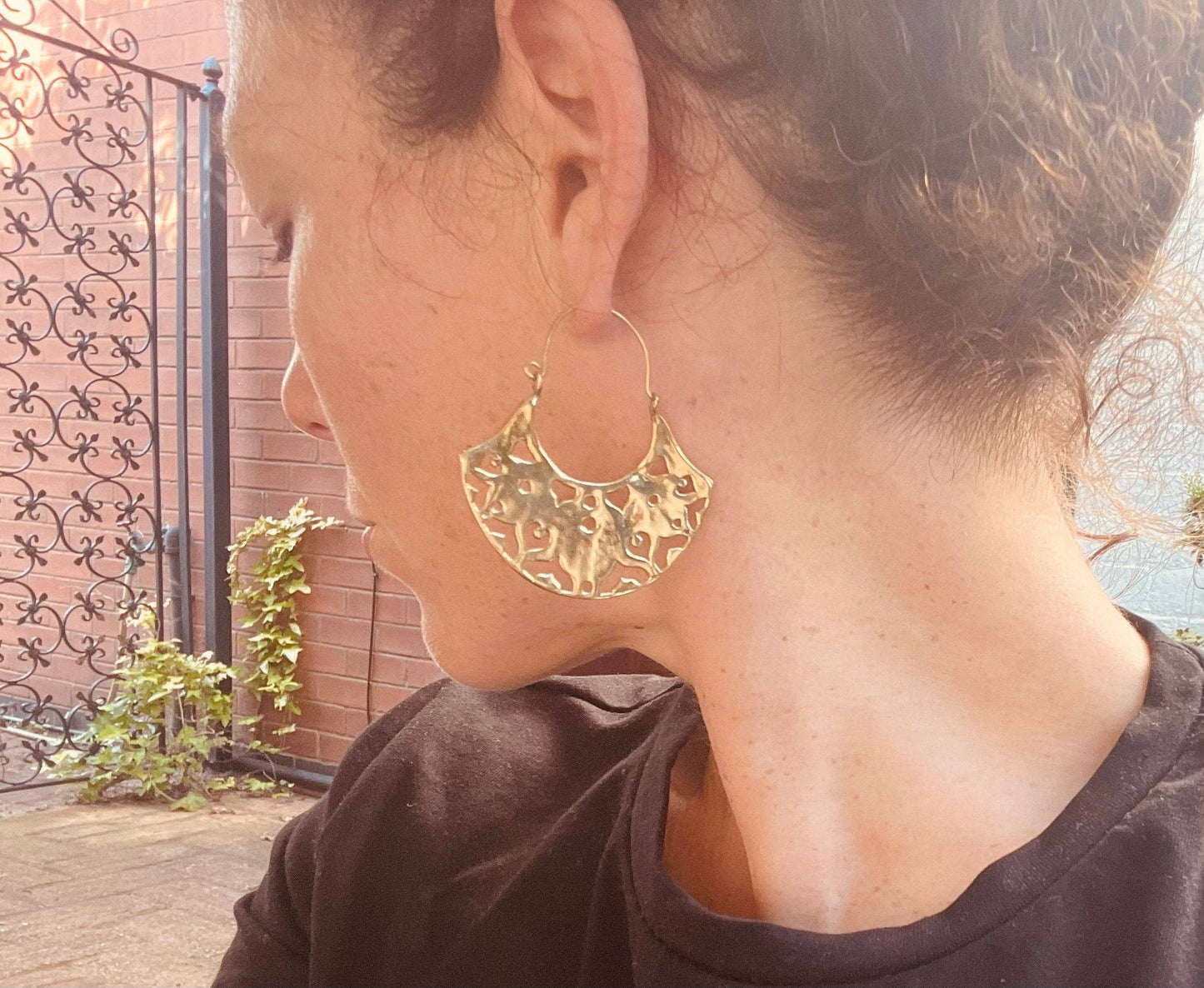Large Boho Hoop Earrings Brass