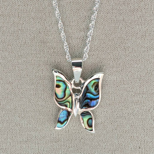 Abalone Butterfly Sterling Pendant Necklace